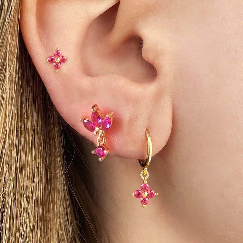 Luxury Flowers Pendant Piercing Earrings Set For Women Stainless Steel Colorful Zircon Hoop Earring Lady Jewelry aretes de mujer