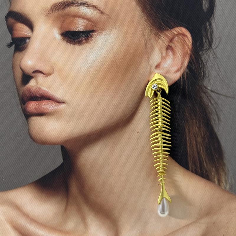 Nischen-Design-Sinn Kreativ Einzigartige Persönlichkeit Fischskelett-Ohrringe Temperament Fischschwanz Perlenanhänger Ohrringe