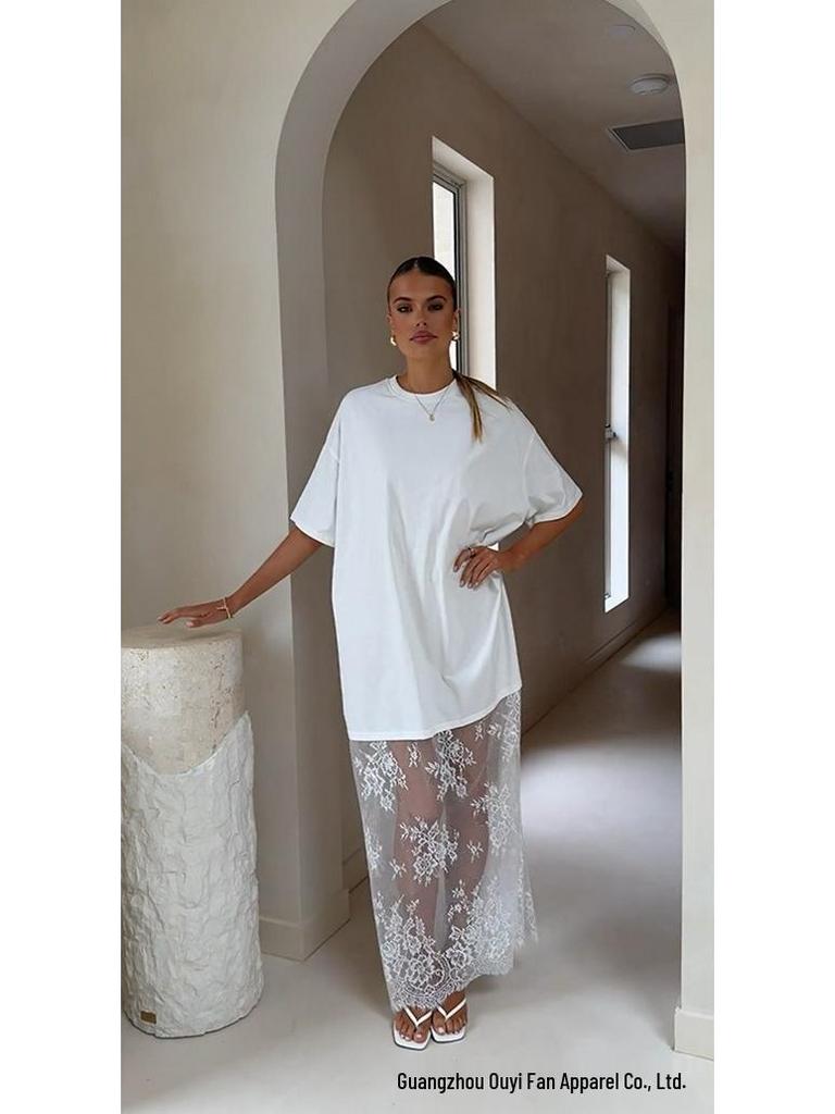 Elegant Lace Patchwork See-Through Hem T-shirt Dress - Casual Short-Sleeved Style