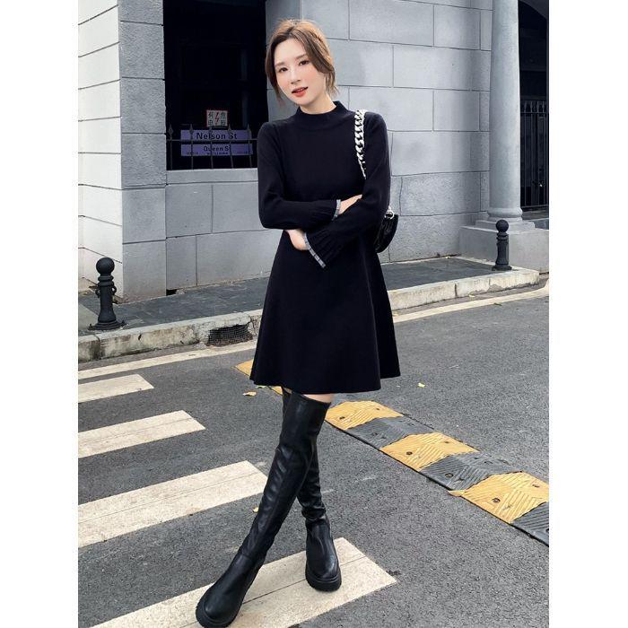 

Женское черное шерстяное миди-платье А-силуэта - Осенне-зимний трикотаж, подчеркивающий талию, для милого и пикантного образа One Size