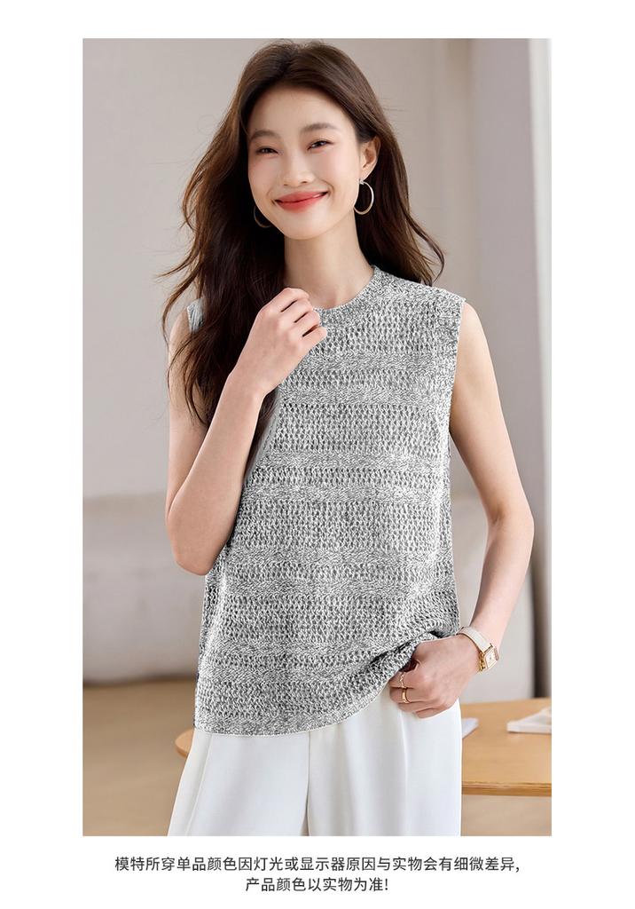 Fashionable 26 year summer outfit, layered on top, round neck, hollowed out knitted vest, knitted sweater, shoulder cut top, women's clothing
