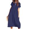 Damen Maxikleid aus Baumwolle und Leinen, lässig, kurzärmelig, V-Ausschnitt, Sommerkleid, lockeres, plissiertes langes Strandkleid für den Sommerurlaub