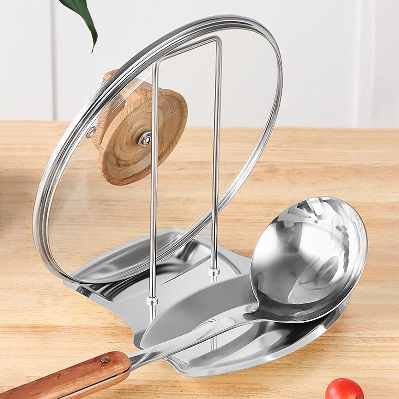 Stainless Steel Pan Pot Cover Stand Silver Color Soup Spoon Holder Drain Rack Stove Organizer Storage Kitchen Accessories