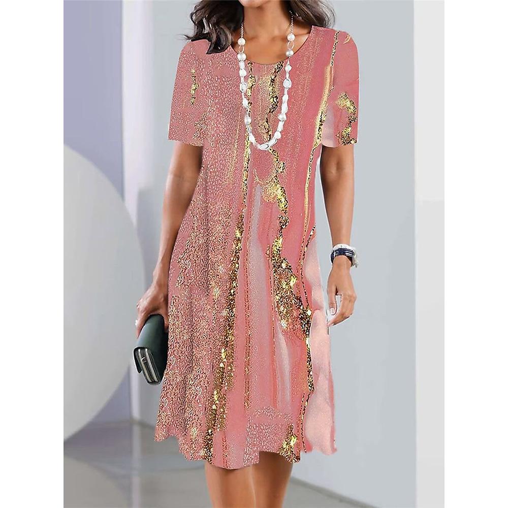 2026 Summer Retro Texture Printing Short-sleeved Dress Ladies Casual Fashion Round Neck Loose Dress