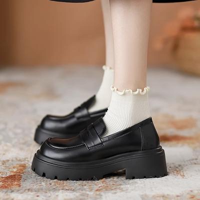 Mocassins plataforma de couro macio femininos 2024 primavera novo um pedal JK sapatos únicos shorty Le aumento estilo britânico sapatos de couro pequenos