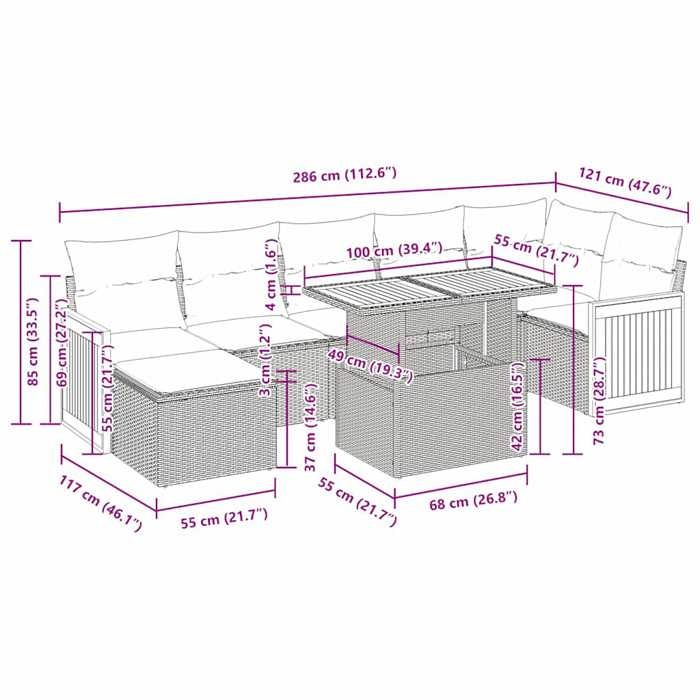 VidaXL Salon de jardin avec coussins 7 pcs noir résine tressée acacia 3327738