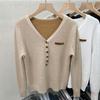 Fashion Plus Velvet Padded Sweater All Match Casual Knit Bottoming Shirt Women Autumn Winter Elegant Slim V-neck Tops