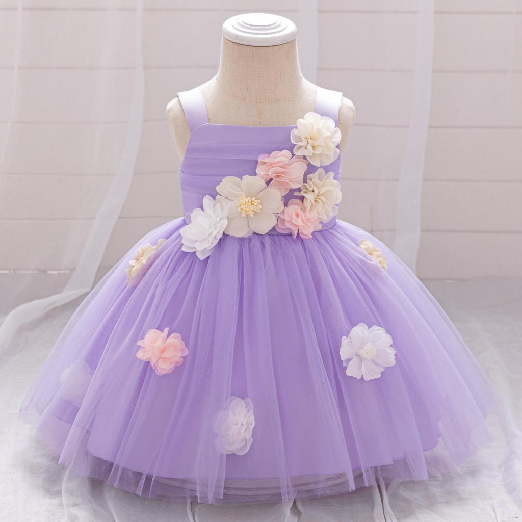 European & American Style One-Shoulder Baby Girl Wedding Dress with 3D Flowers, Ideal for First Birthday or Special Occasion Performance.