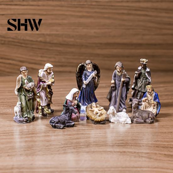 Manger Scene Accessories 11 Pcs Christmas Nativity Set, Resin Mini Figurines Tabletop Decor, Decorations Holy Family Angel Shepherd Animals