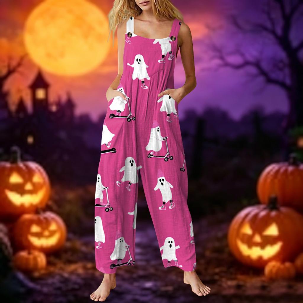 Women's Sleeveless Jumpsuit Cotton Halloween Ghost Print Casual Loose Fit Overall Pants with Pockets Adjustable Straps
