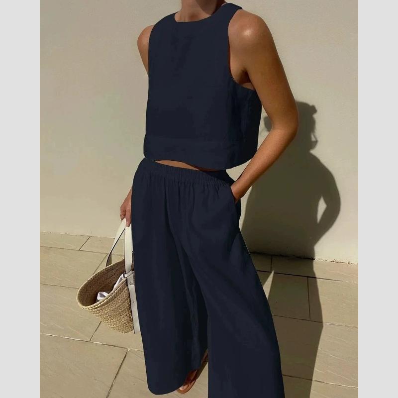 Cotton and Linen Pant Sets Women Sleeveless Leace-up Short Tops Drawstring Long Pants Two Piece Set Commuting Summer