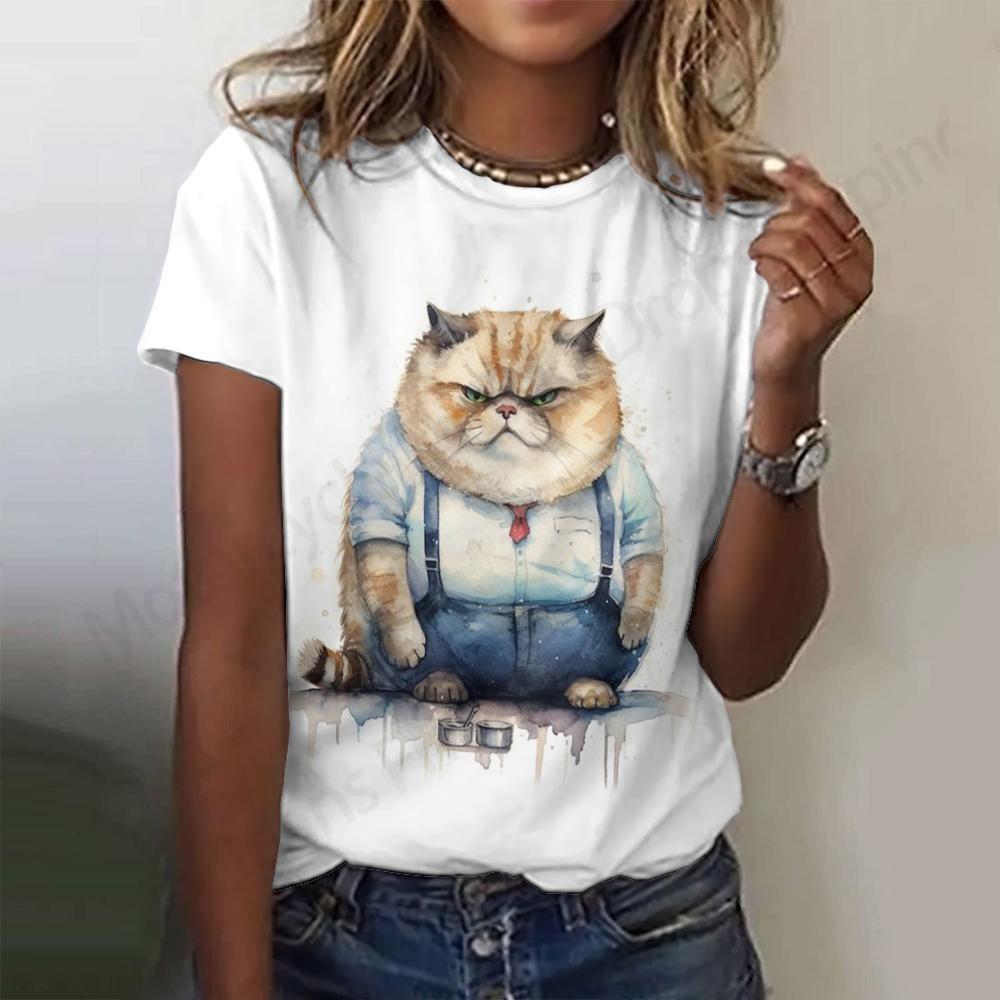 

Летняя женская футболка с рисунком милого кота в виде 3D-принта, женская модная футболка с круглым вырезом и коротким рукавом, топы, футболки, одежда с животными 6XL