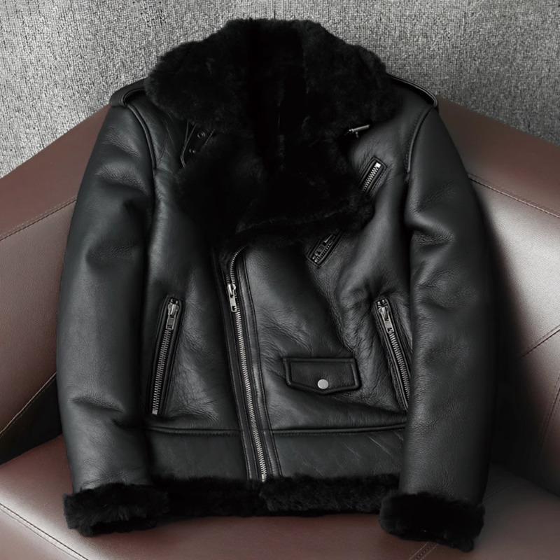 Genuine Lambswool Leather Jacket Men Winter Thickened Slim Fit Biker Fashion Fur Coat Korean Style
