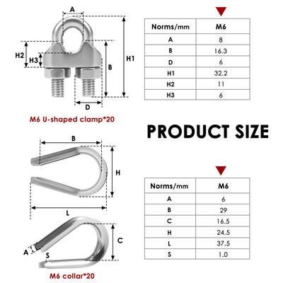 40/13PCS M3/M5/M6 Stainless Steel Cable Clamp U-Bolt Bow Shape Wire Rope Clamp with Cable Thimble for Wire Rope Clothesline