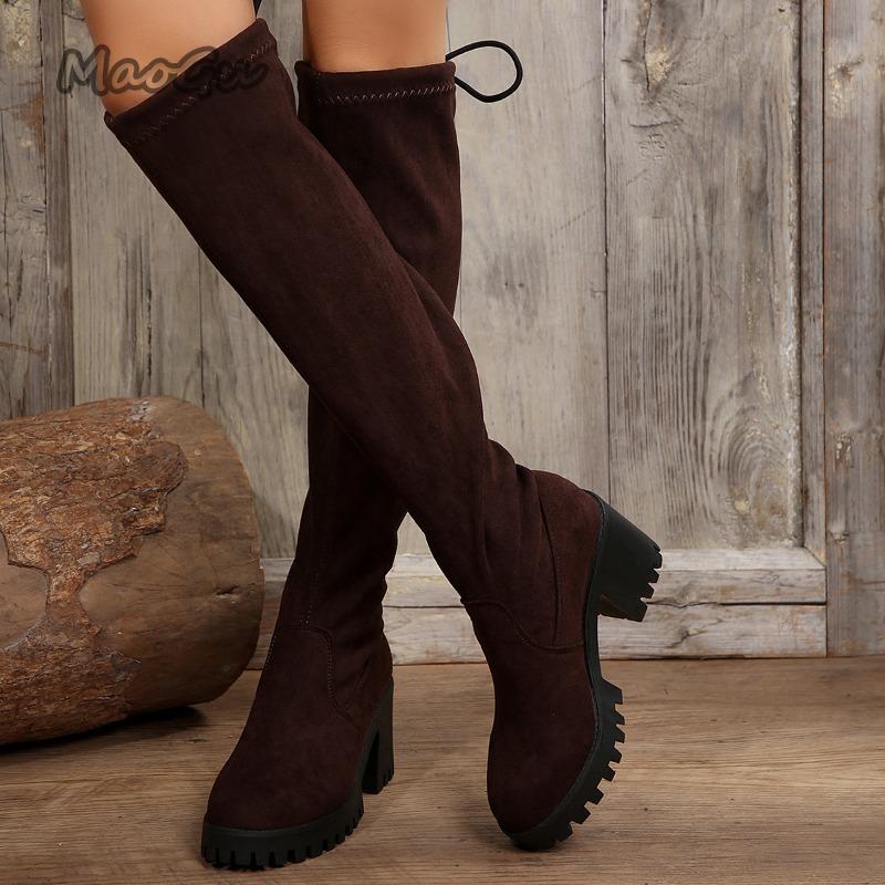 Fashion Western Brown Leopard Thigh High Boots for Women Back Lace Up Over-the-Knee Boots Thick High Heel Botas Largas Mujer Size 36-43