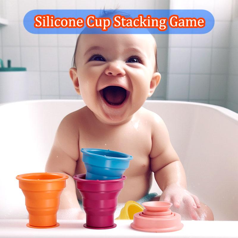 Kids Rainbow Silicone Cup Stacking Game Soft Glue Suction Cup Bath Water Play Color Cognitive Educational Toys For 1-3 Years Old