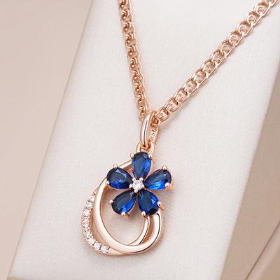 Trend Shiny Blue Natural Zircon Flower Pendant Necklace For Women  Rose Gold Color Quality Daily Fine Vintage Jewelry