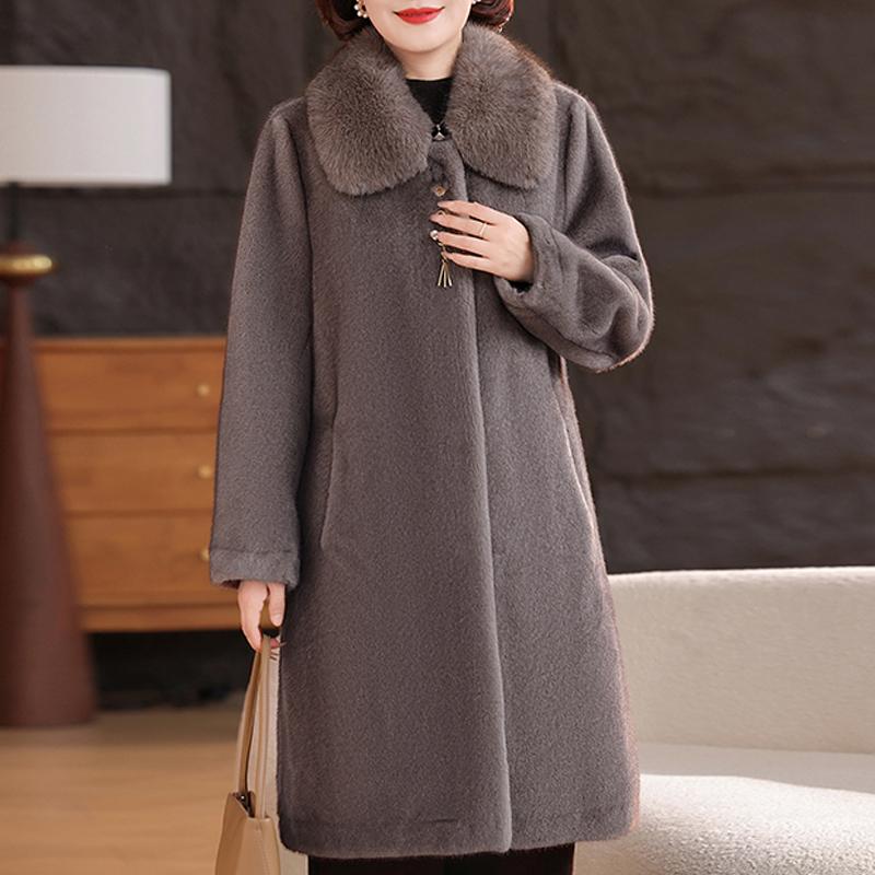 Zimní dlouhý kabát z umělé kožešiny pro ženy Hřejivý hustý luxusní svrchník Elegantní bunda z kožešiny pro ženu středního věku