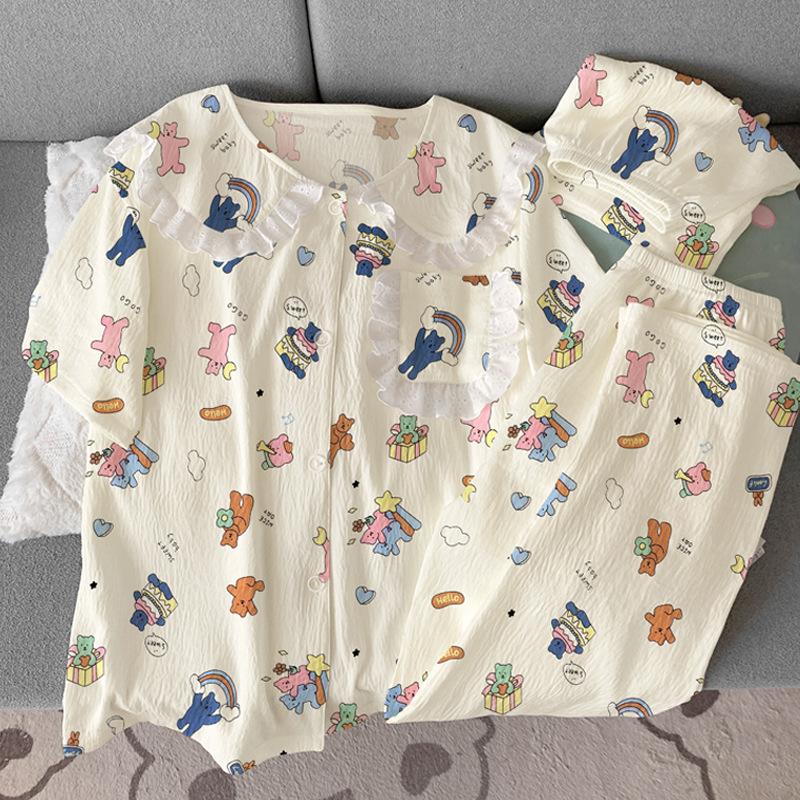Bear Wind Cloud Cotton Doll Collar Lace High Value Pajamas Women'S Summer Short Sleeve Three-Piece Set