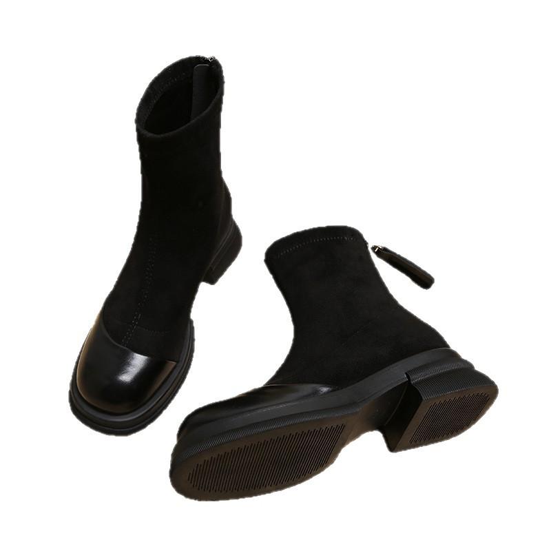 Korean Version of Retro Style Boots for Women with Long Legs, Zipper and Thin Boots, Velvet Cotton Boots, Thick-soled Small Short Boots.