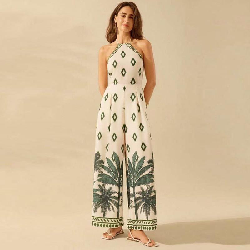 

Элегантный принт на шнуровке комбинезон женский халтер без рукавов праздничный комбинезон с высокой талией 2025 модный летний комбинезон с открытой спиной 2XL