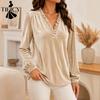 Women's Fashion Casual Spring Autumn Solid Color Print Long Sleeve V-Neck Blouses & Shirts