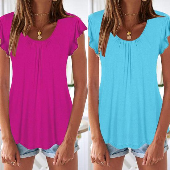 Frauen Einfarbig U-ausschnitt Kurze Rüschen Ärmel Bottoming Top T-shirt Bluse