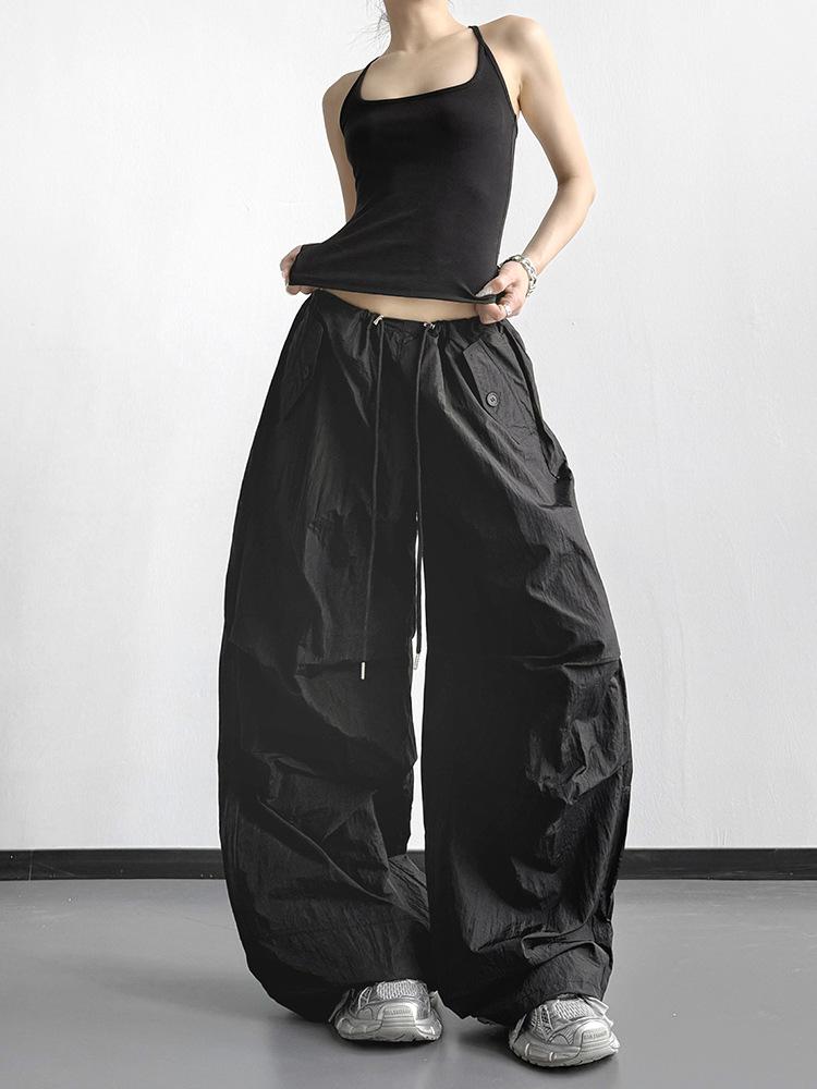 Women's Black Wide-Leg Paratrooper Pants - 2026 Spring Casual Outdoor Fashion