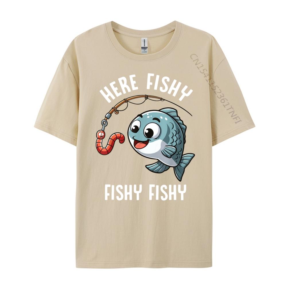 Here Fishy Fishing Funny Worm Cute Fish Fisherman Oversized T Shirt Men Summer Original Mens TShirts Character New Tshirt
