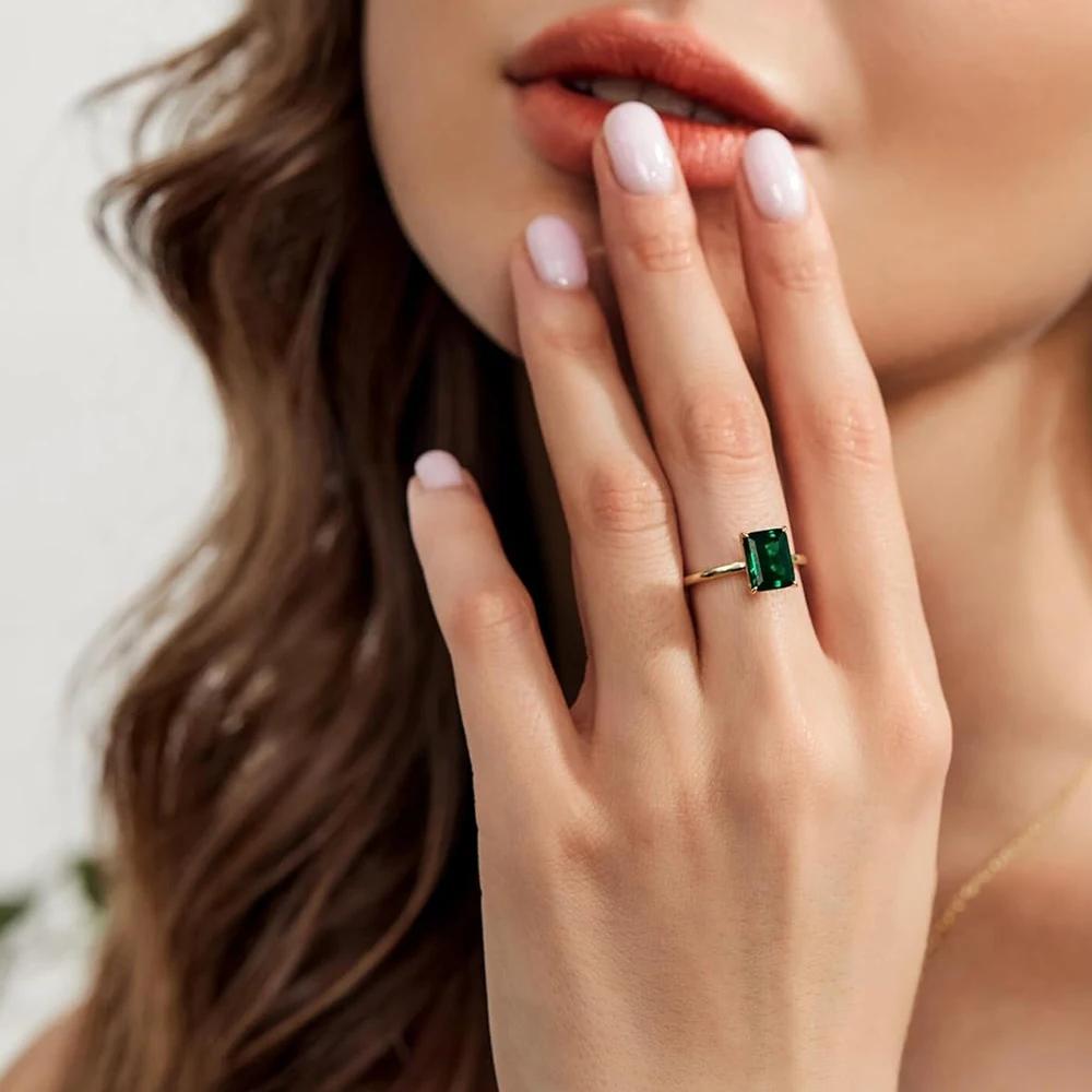 Monkton 100% 925 Silver Engagement Rings for Women 3CT Solitaire Created Green Emerald Wedding Band Promise Jewelry