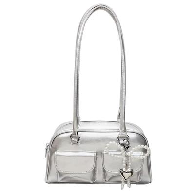 LIKENNY Ribbon Boston Bag, A4 Size, Large Capacity, Horizontal Ribbon and Bow Design, Women's Shoulder Bag, Popular, Stylish, Cute (Silver)