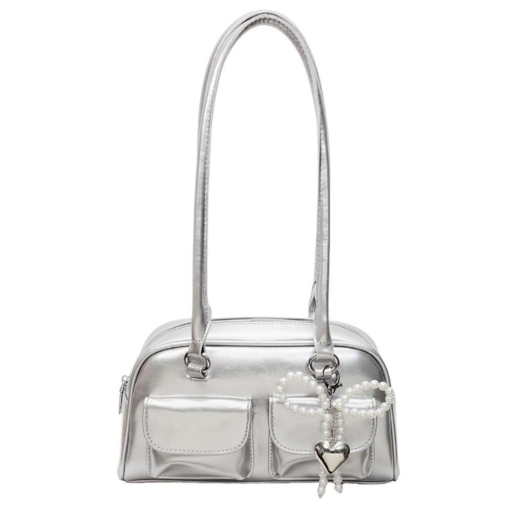 LIKENNY Ribbon Boston A4 Large Horizontal Ribbon and Bow Shoulder Cute Bag, Size, Capacity, Design, Women's Bag, Popular, Stylish, (Silver)