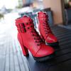 2025 Autumn/Winter New Women's Velvet High Heels Short Boots Thick Heels Round Head Lace Riveted Leather Boots