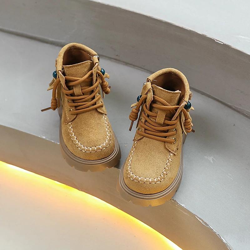 Retro Kids Outdoor Short Boots Spring Autumn Girls Tassel Ankle Boots School Causal Children's Platform Leather Boots