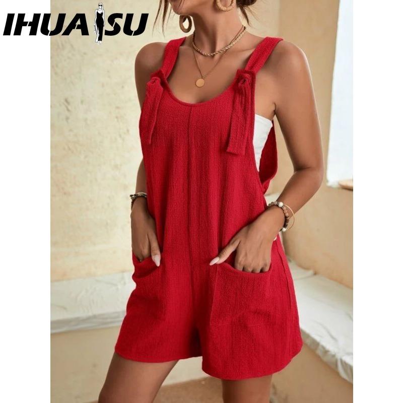 IHUASU Damenmode, lässig, einfarbig, bedruckt, Sommer, Frühling, ärmellos, Hosenträger, Hosen, Overalls und Strampler