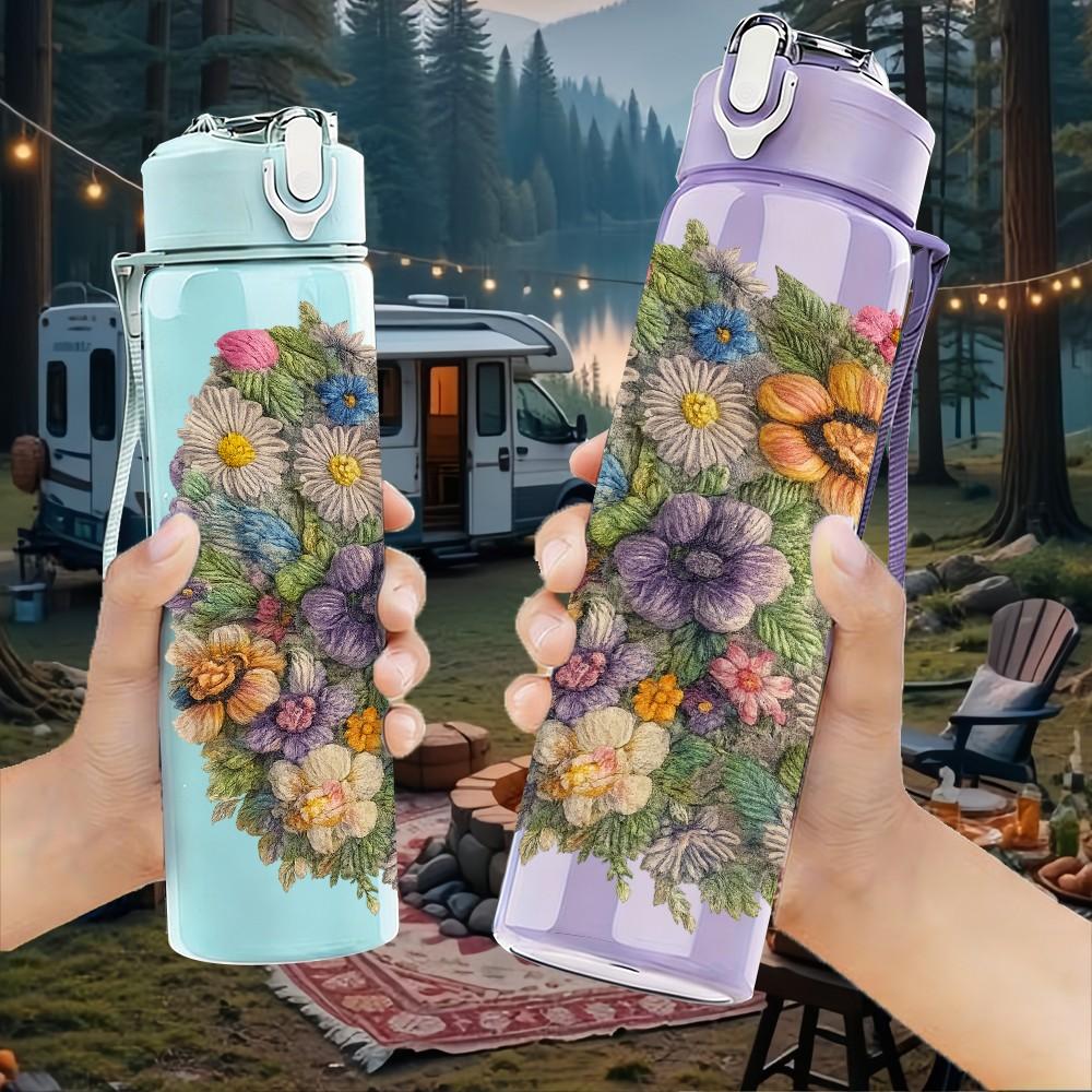 1PC Multicolor Wildflower Bouquet Print 750ml Color Plastic Sports Water Bottle Leakproof Flip Straw Lid Suitable for Sports Office Home Use