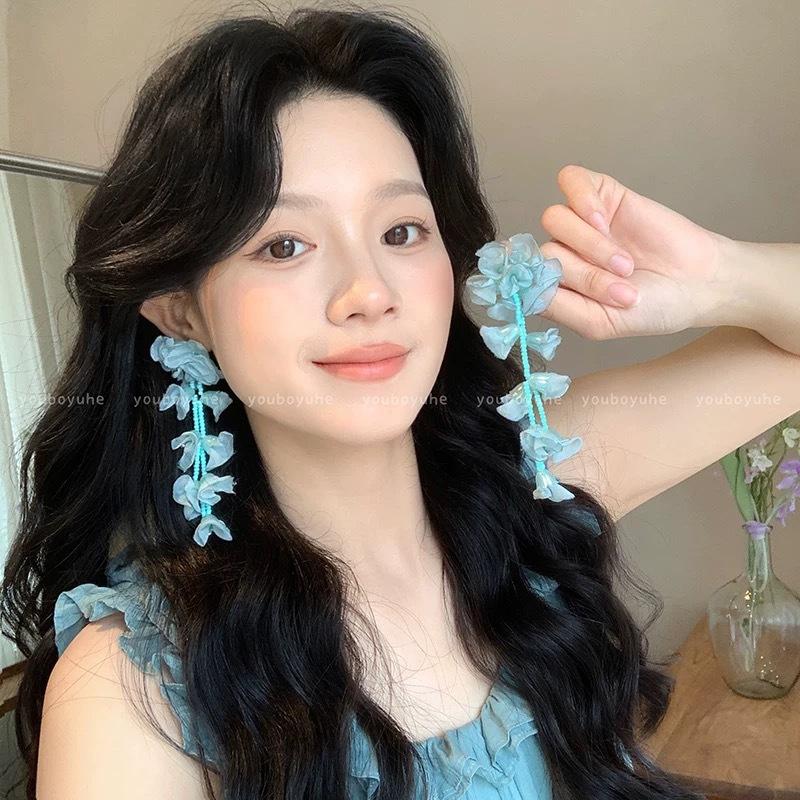 Fabric Flower Fringed Earrings Super Fairy Temperament Versatile Stud Earrings Niche Fashion High Sense Earrings Women