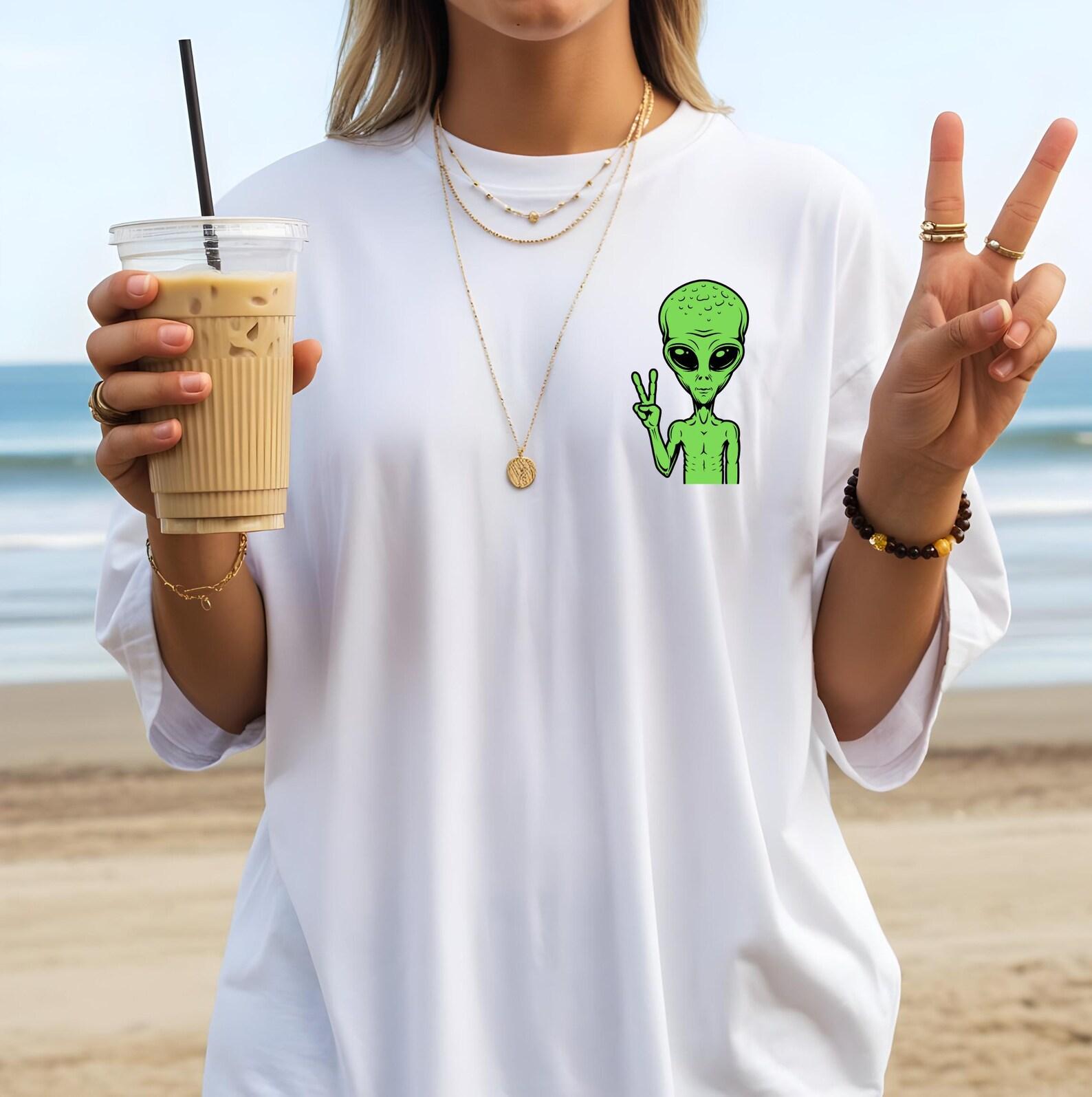 Green Alien Peace Sign T-Shirt, Garment-Dyed Cotton Space Tee S