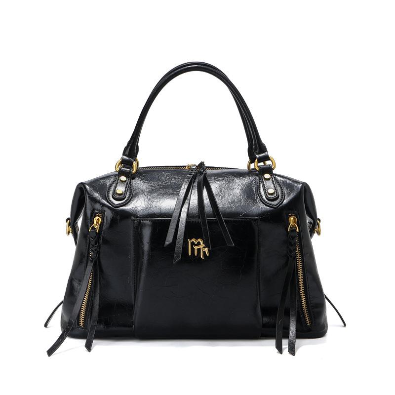 

Genuine Leather Boston Charter Car Cowhide Bowling Bag Women s Large Capacity Tote Commuting Hand-held Pillow 35x16x22cm чорний