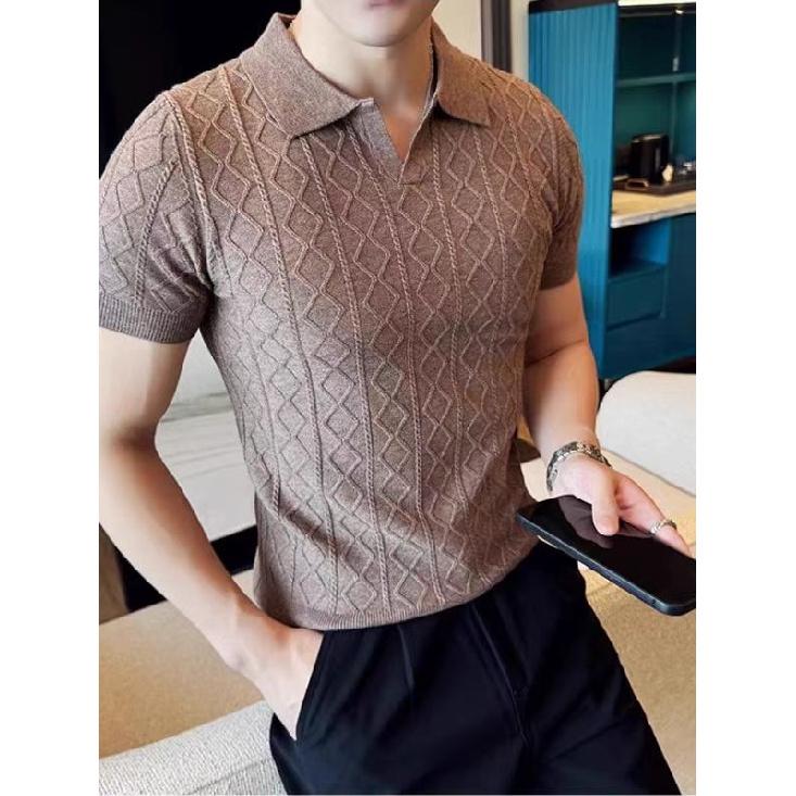 Sommer Casual High-End Poloshirt für Herren, Britisch Retro Button-Up Business Leicht und Atmungsaktiv Umlegekragen Kurzarm T-Shirt