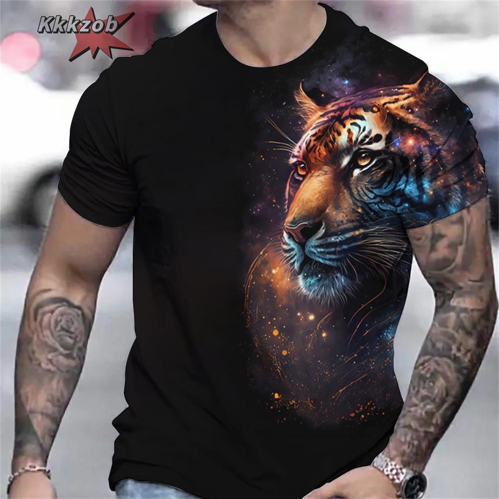 Men's Shirts Fierce Tiger Print T-Shirt 3D Animal Summer Short Sleeved Male Oversized T-Shirts Casual Tops Tees Men Clothing