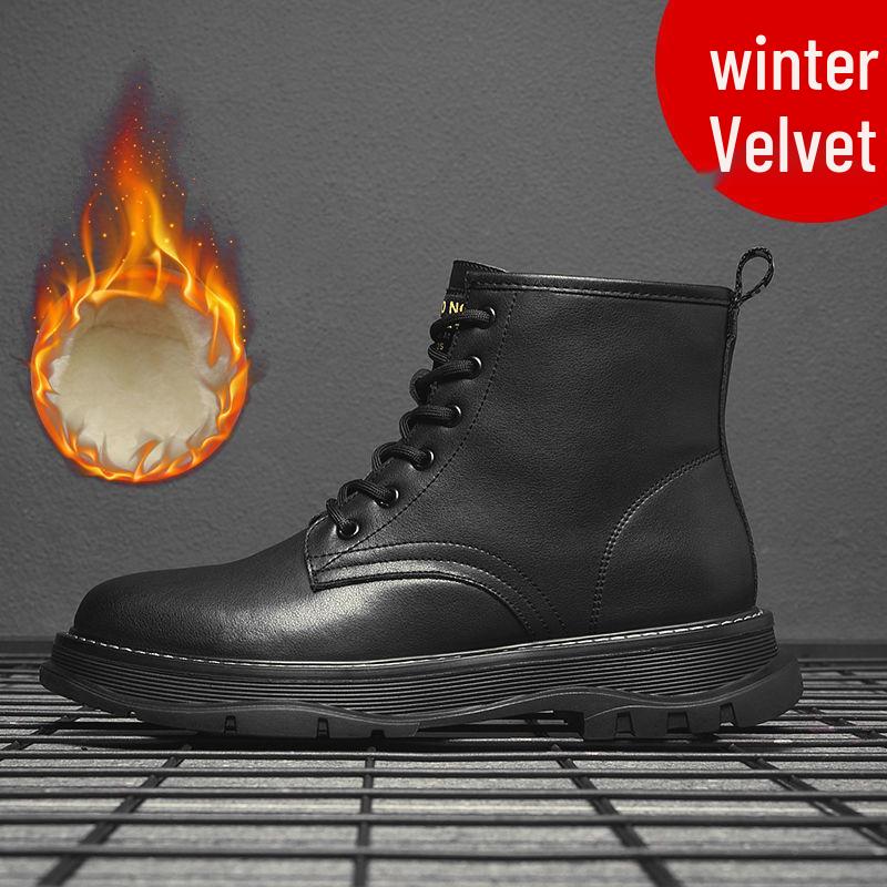 Men's Winter Cotton Fleece-Lined Martin Boots: High-Top, Thick-Sole British Style Workwear Shoes for Snow.