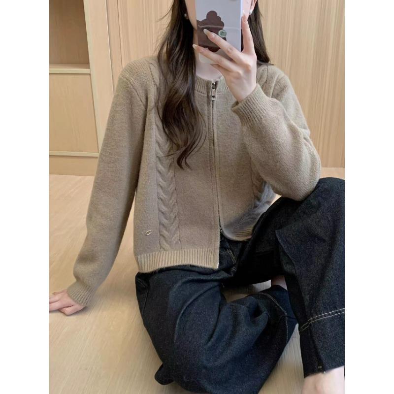Simple style design double zipper twist sweater jacket women's autumn and winter new versatile thick knitted cardigan women