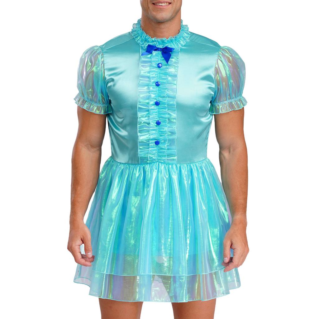 Herre Sissy Maid Kjole Kapper Kant Puffermer Sløyfedetalj Glitrende Puffete Kjole Låsbar Crossdressing Kostyme