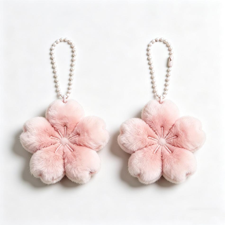 Cute Cherry Blossom Fluffy Plush Keychain, Soft Faux Fur Flower Bag Charm, Portable Key Pendant for Gift, Car Key Decor