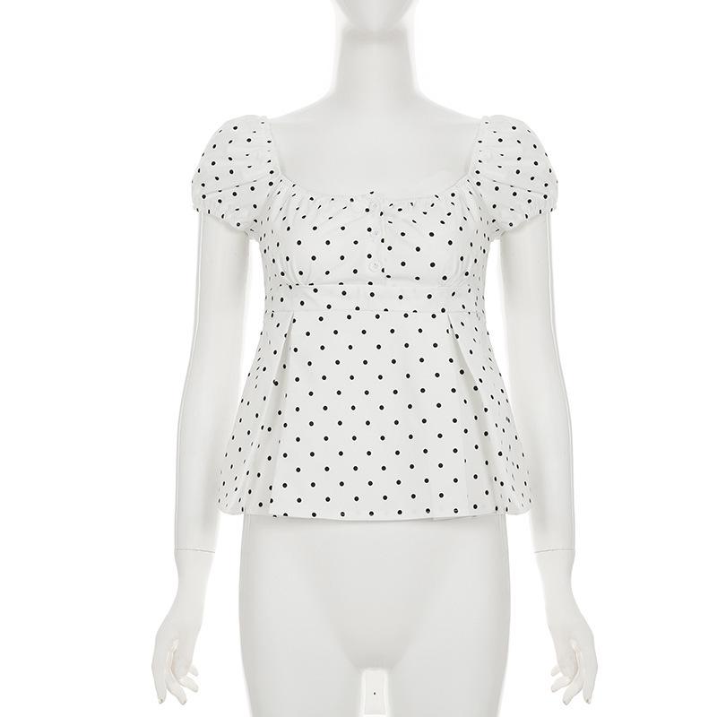 2025 Eng anliegendes T-Shirt mit Puffärmeln, Polka-Dots und V-Ausschnitt