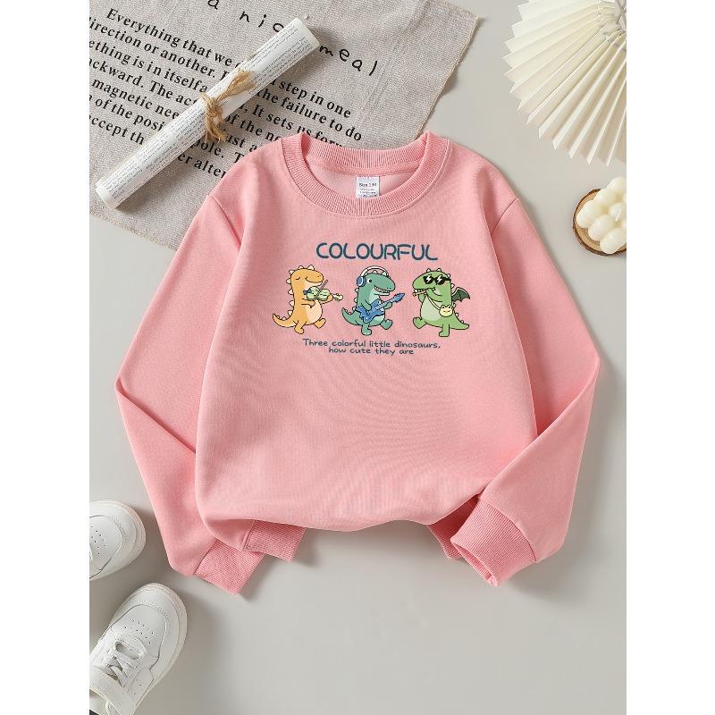 Girls' Long-sleeve Sweatshirt with Round Neck and Printed DesignColorful Dino Band Suitable for Spring and Autumn, Fashionable and Casual