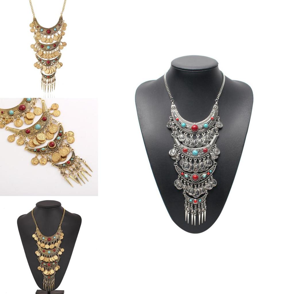 Vintage Coin Tassel Pendant Necklace With Multilayer Chain For Boho Style Women