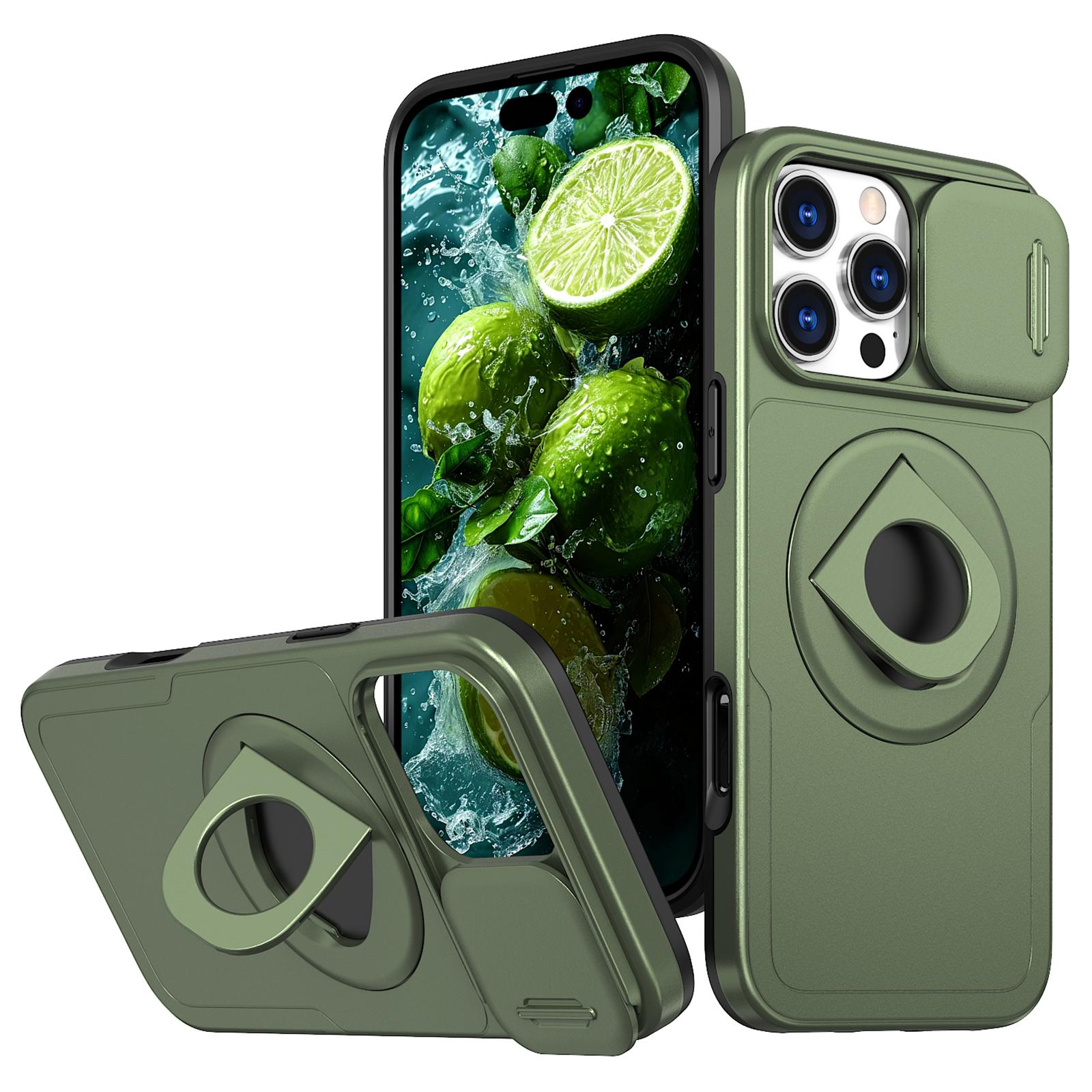 

For iPhone 16 Pro Magnetic Phone Case TPU+PC Cover with Kickstand and Slide Lens Lid Olive Green