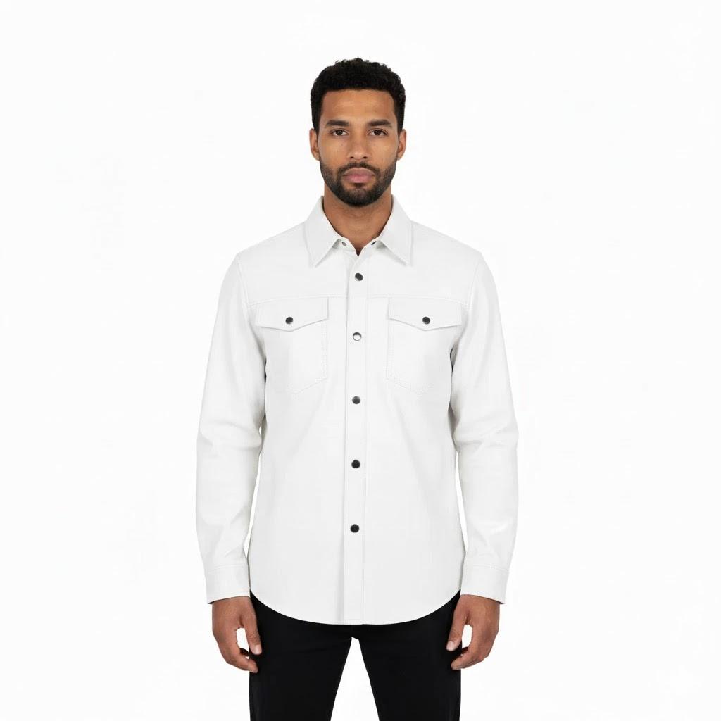 

Повседневная Байкерская Мотоциклетная Белая Кожаная Мужская Рубашка Натуральная Овечья Кожа Ручной Работы Стильная 3XL белый